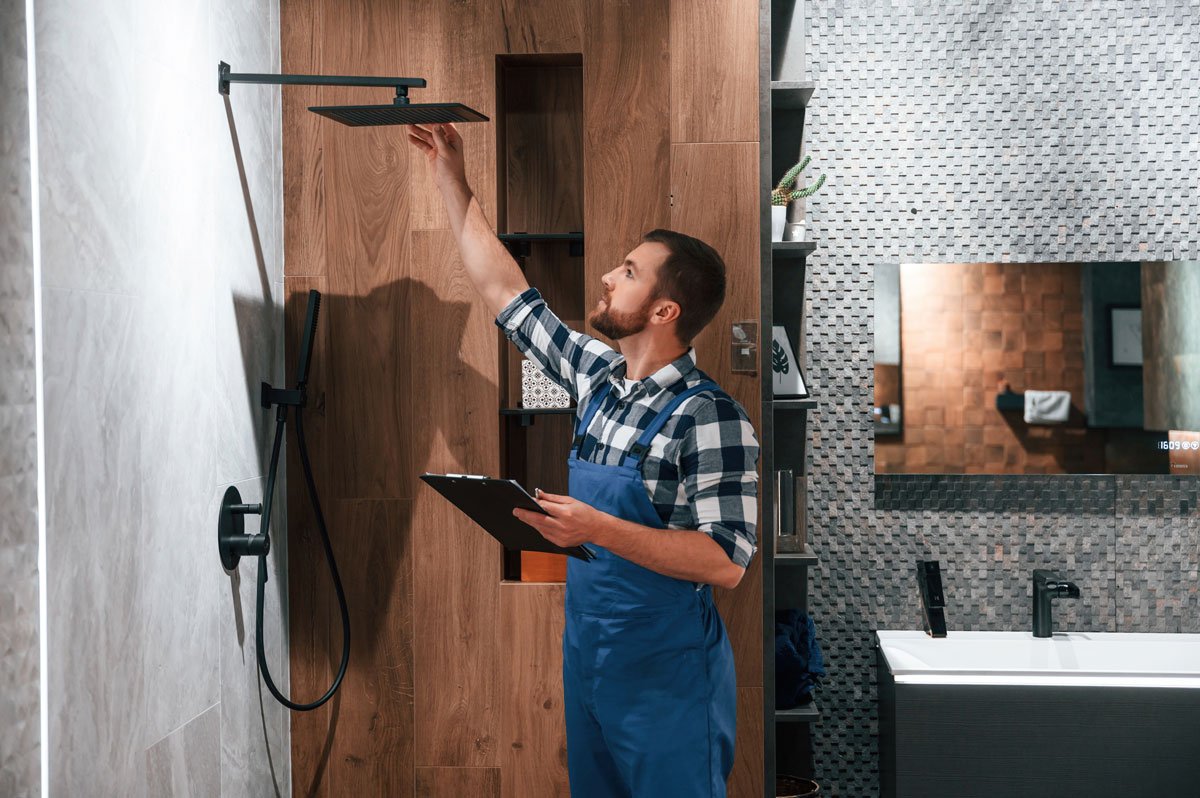 A handyman in blue overalls adjusts a large square rainfall shower head in a bathroom showroom, clipboard in hand.